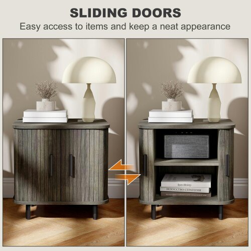 Wyld Haus Pasaba Grey Nordic Bedside Table With Tambour Sliding Door And Metal Legs