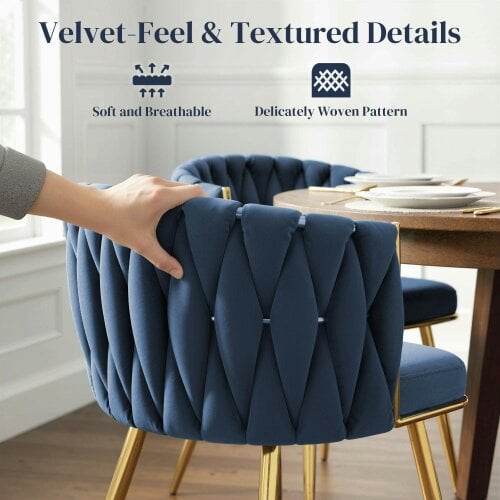 Wyld Haus Sosura Set Of 2 Dark Blue Velvet Upholstered Dining Chairs With Woven Back And Arms