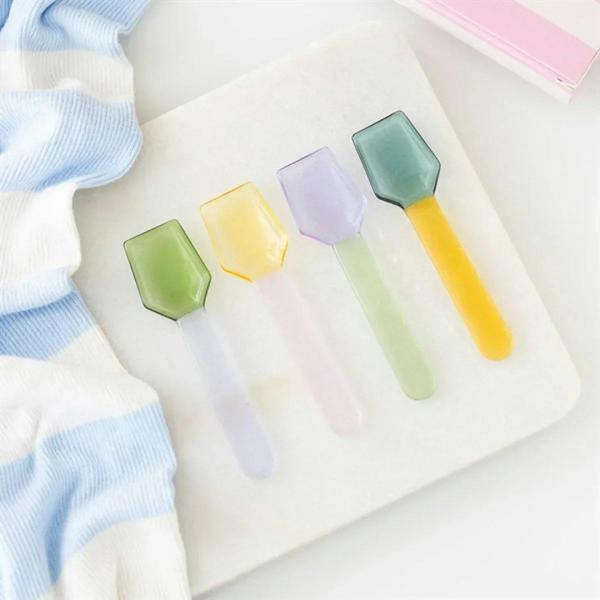 Set of 4 pastel glass dessert spoons with faceted bowl heads and colored handles