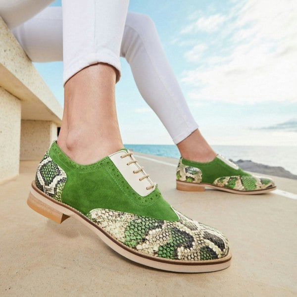 Embassy London Vivienne - Green Snake - Women's almond toe lace up leather oxfords with broguing
