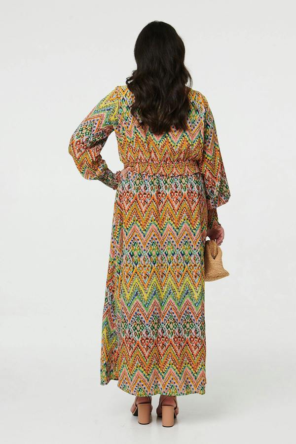 Green | Curve Abstract Long Sleeve Maxi Dress
