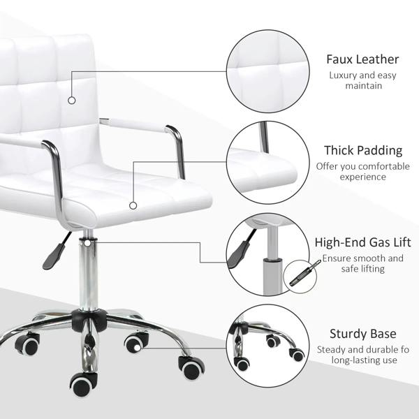 White PU leather office chair with thick padding, gas lift, and sturdy chrome base
