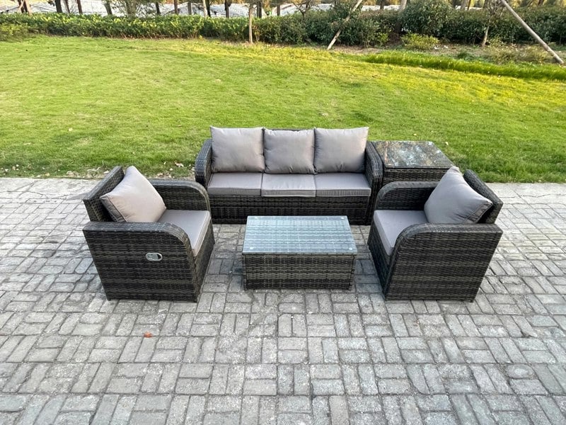 Fimous Outdoor Rattan Garden Furniture Set Patio Lounge Sofa Set with Reclining Chair Rectangular Coffee Table Side Table Dark Grey Mixed