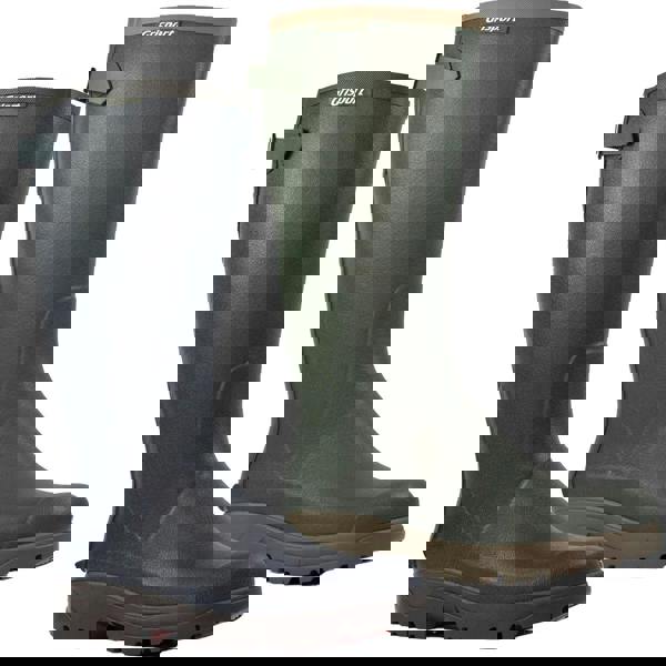 Grisport GriSport Stream Mens/Womens Neoprene Fishing Hunting Farm Wellies Boots, image of two waterproof neoprene wellies in dark green and black color, featuring sturdy soles and adjustable straps for outdoor farm, fishing, and hunting activities.