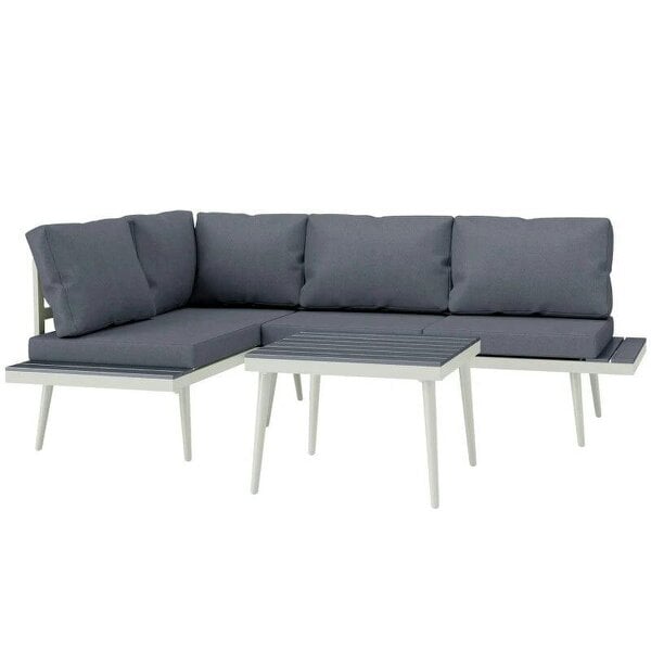 Bobobiy 3 Piece Garden Set with 5-Level Adjustable Lounger, L Shaped Garden Corner Sofa with Cushions, Slatted Wood-Grain Table, Grey