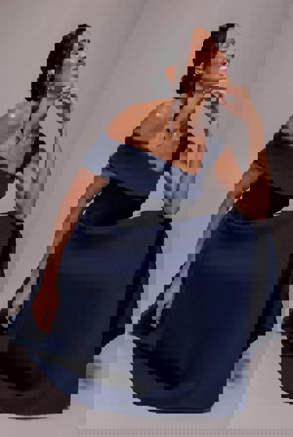 One Shoulder A Line Midi Dress - Navy Blue DR4949