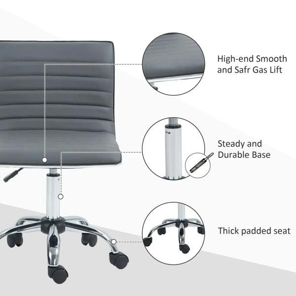 Armless task desk chair with thick dark grey padded seat, chrome base, caster wheels