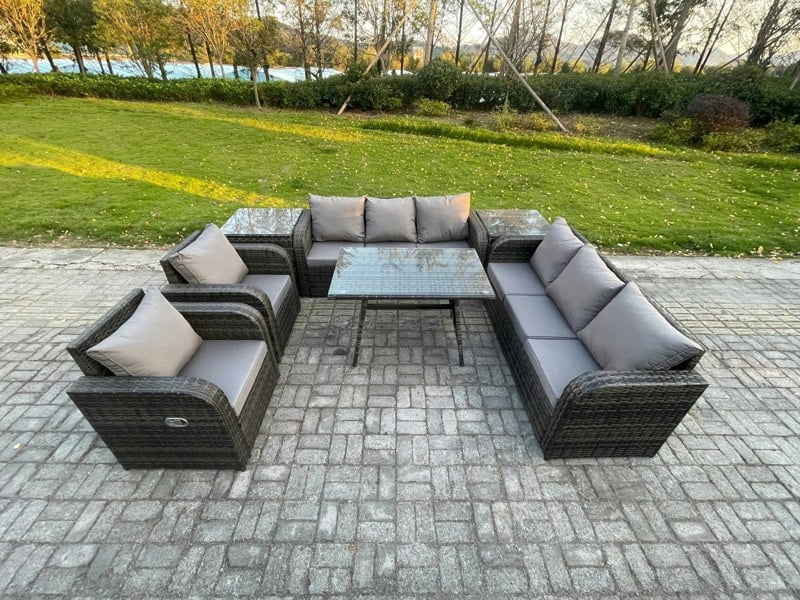 Fimous 8 Seater Dark Grey Mixed Rattan Outdoor Sofa Dining Set - 3-Seater Sofa, Rectangular Dining Table & 2 Side Tables