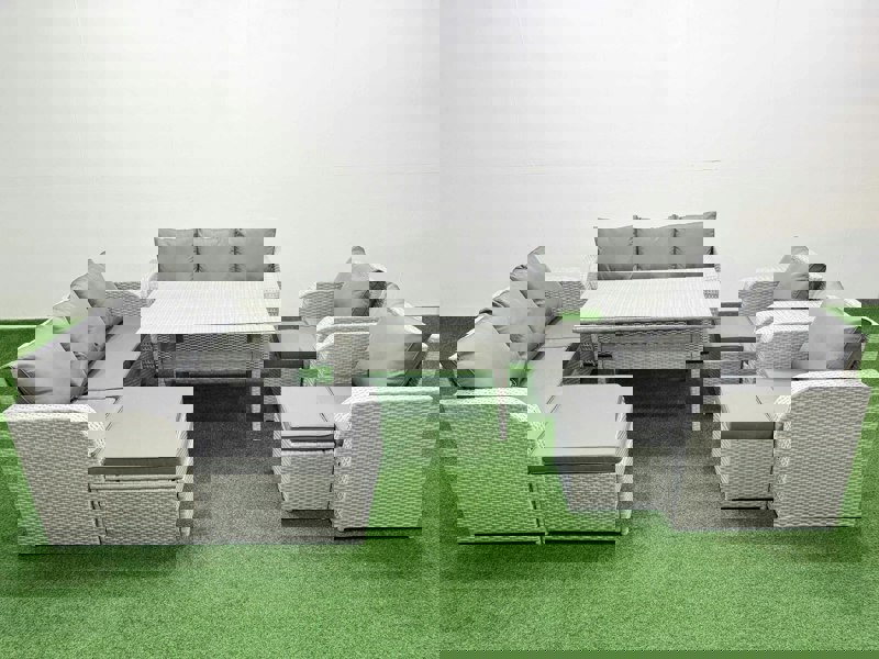 Fimous PE Rattan High Back Lounge Sofa Set Patio Rectangular Dining Table & Chairs Set with 3 Seater Sofa Reclining Chair 3 Stools Light Grey