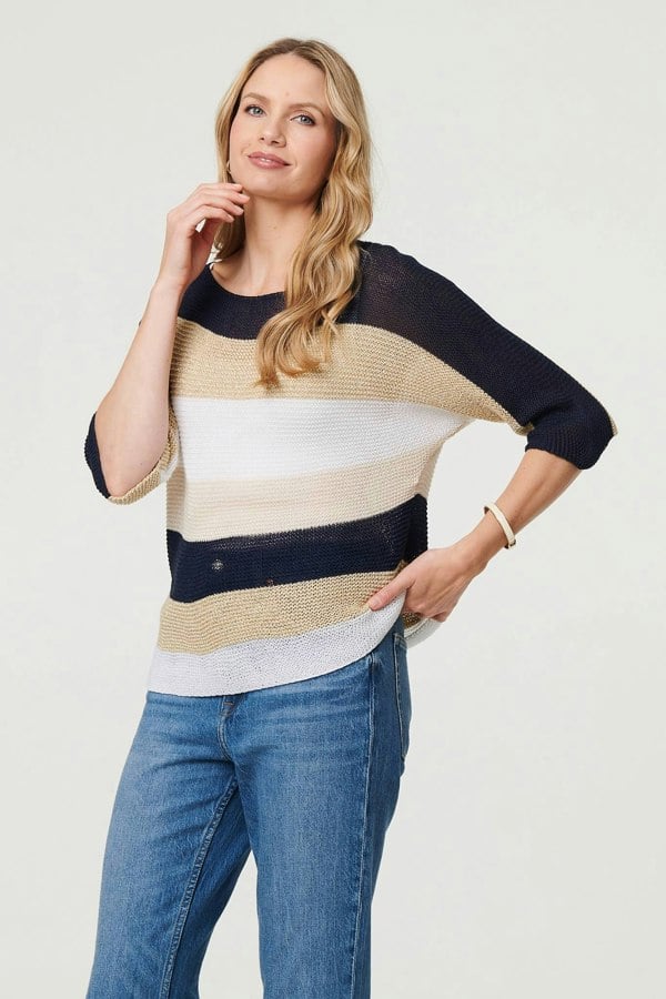 Navy | Striped 3/4 Sleeve Mesh Texture Jumper
