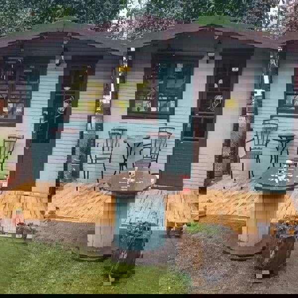 Outdoor cabin with seating area