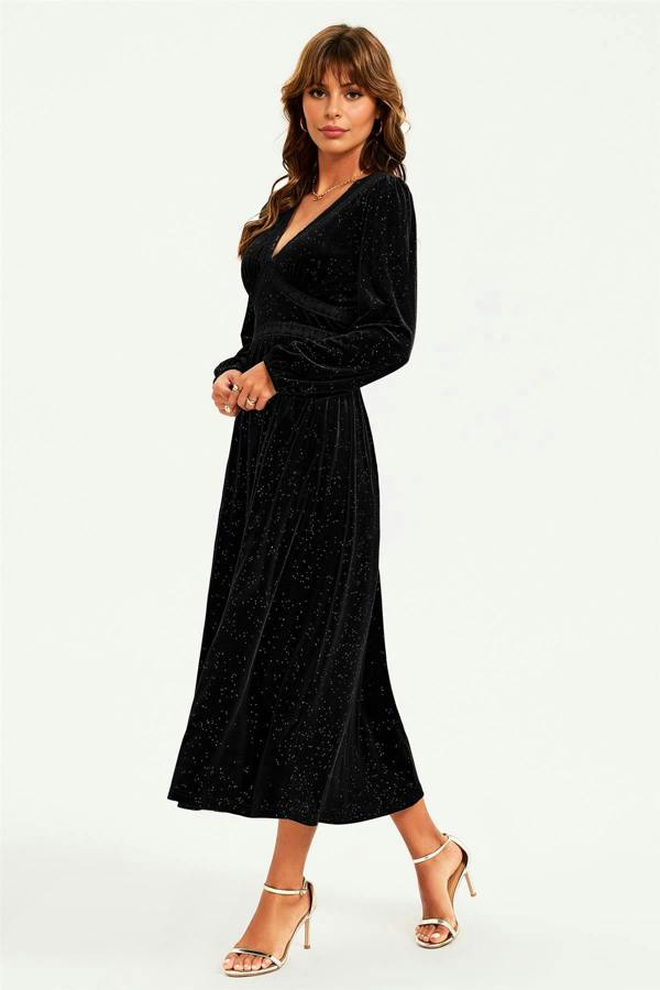 FS Collection Silver Foil Velvet Lace Trim Neckline Midi Dress In Black