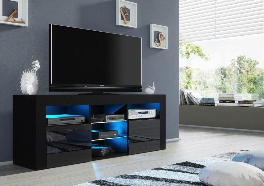 Mex Furniture Stylish 145cm Modern TV Unit with Black Gloss Doors and Spacious Cabinet Storage