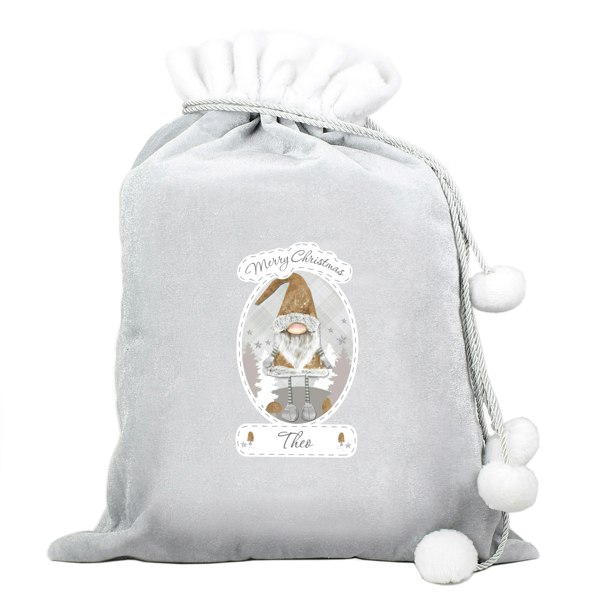 Personalised Memento Company Personalised Christmas Gonk Luxury Silver Grey Pom Pom Sack