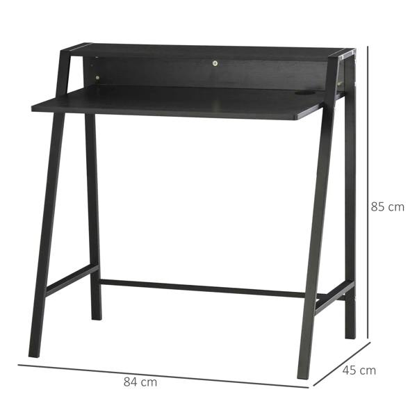 Black writing desk with open shelf and metal legs; 84 x 45 cm tabletop