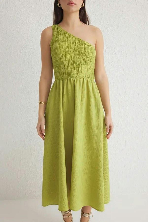 WOVCOR Waist-Leg Embellished One-Shoulder Midi Woven Dress