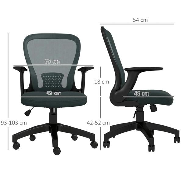 Grey office chair with mesh back and padded seat, side view with armrests
