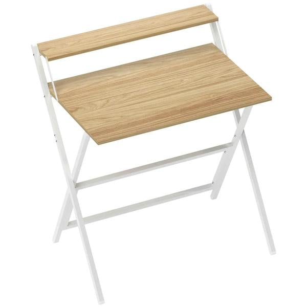 Folding computer desk with natural wood top and white metal frame