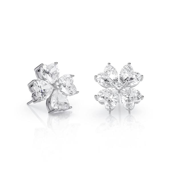 Zavana Silver Large Clover Stud Earrings With Heart Shaped CZ Stones