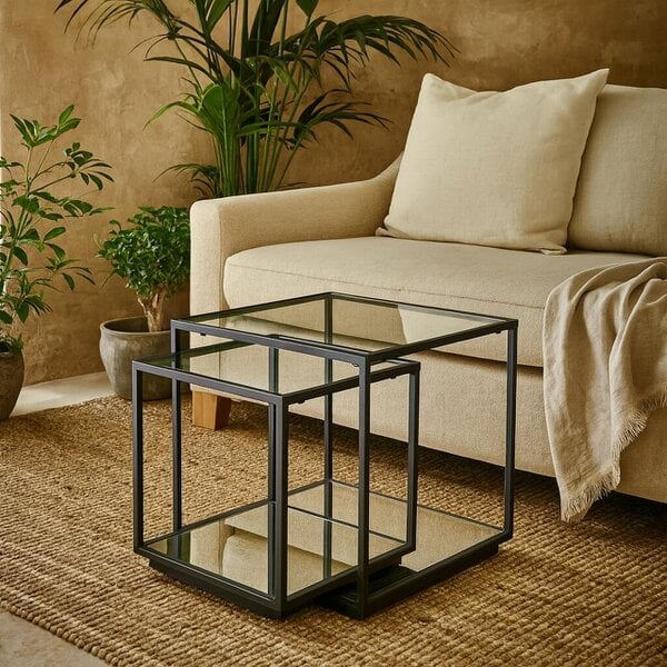Wyld Haus Sant Antonio Set of 2 Glass and Metal Nesting Side Tables Black Metal Frame