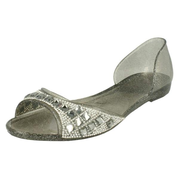 Spot On Ladies Spot On F0794  Open Toe Flat Ballerina With Jewelled Detailing