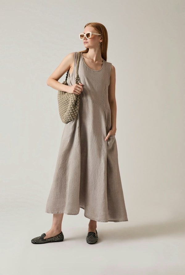 Taupe linen maxi dress sleeveless ankle length