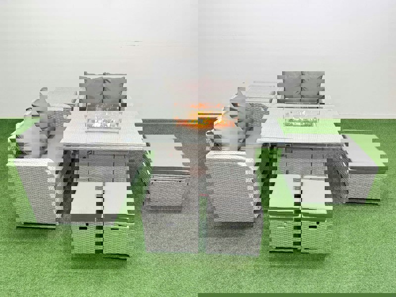 Fimous 7 Seater Outdoor Love Sofa Set Rattan Garden Furniture Set with Fire Pit Dining Table 3 Footstool Side Table Light Grey