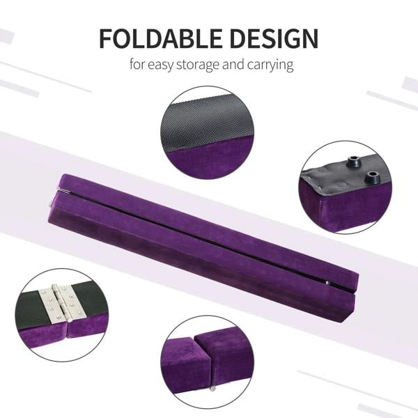 Purple folding balance beam with hinged middle and textured non-slip padded walking surface.