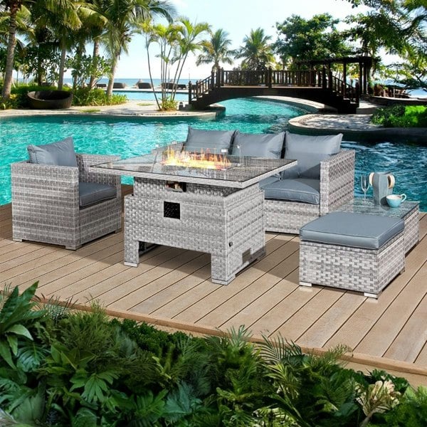 Oseasons Acorn Rattan 5 Seat Rising Firepit Sofa Set in Dove Grey