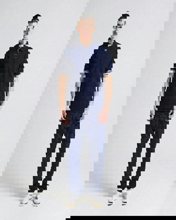 Aquascutum Mens Club Check Stretch Piquet Sleeves Polo Shirt - Navy 11