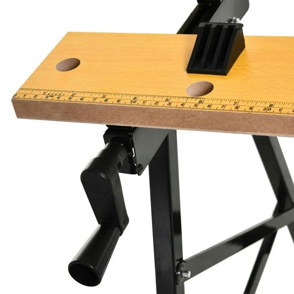 Light wood work surface with ruler scale, mounting holes, and black swivel clamp support