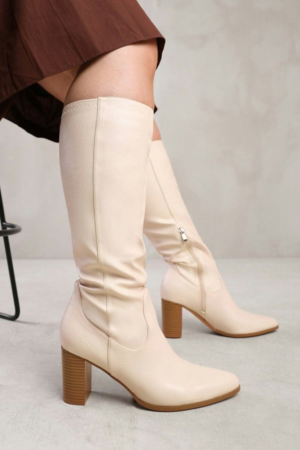 Where's That From Hawthorn Stretch Wide Calf Block Heel Knee High Boots With Stitch Detail in Wide E Fit in Cream Faux Leather