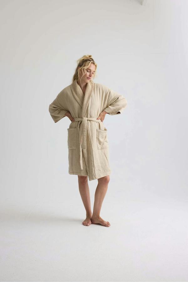 Pretty You London Short Terry Lined Linen Robe In Summer Sand