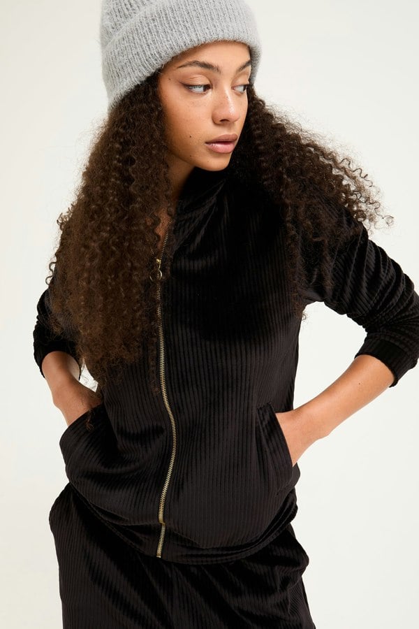 Velour Hoody Jogger Set in Black - Loungewear