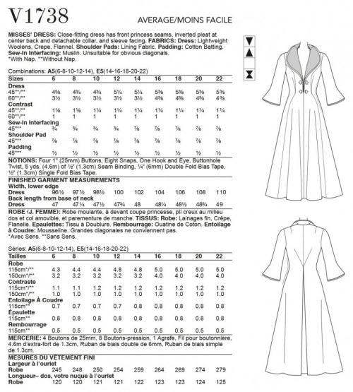 Vogue Sewing Pattern 1738, Dresses, Vintage Style for Women, A5 (6-8-10-12-14) - Intermediate