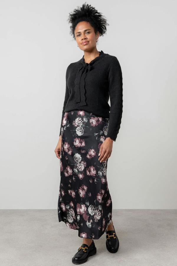 Lily & Me Evelyn Floral Print Satin Midi Skirt Black