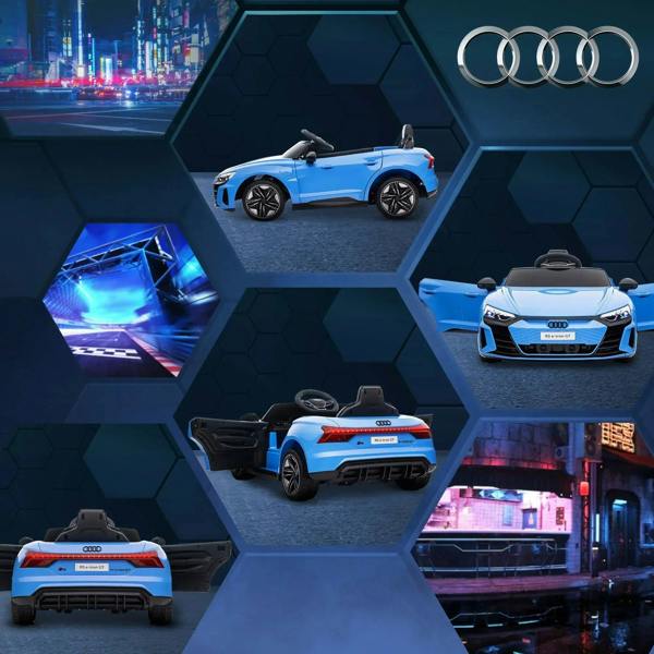 Blue Audi kids electric ride-on car shown in multiple angles, side and front views