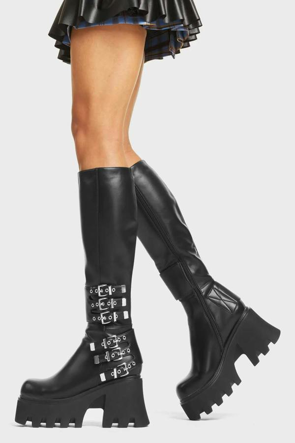 Lamoda My Prince Women’s Knee High Black PU Boots with Skull Accent Design