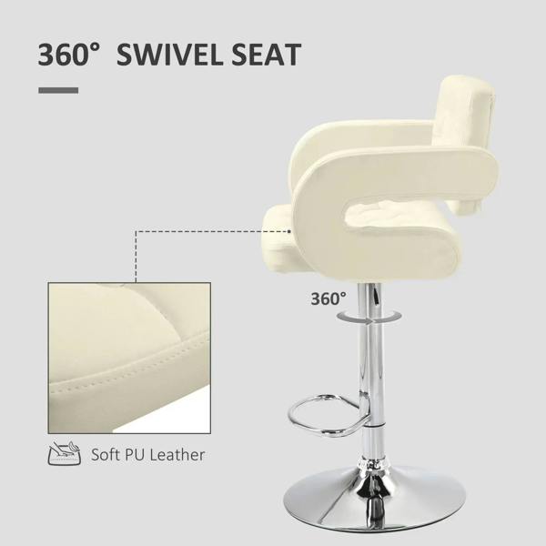 Beige 360-degree swivel bar stool with soft PU leather look, padded seat and back