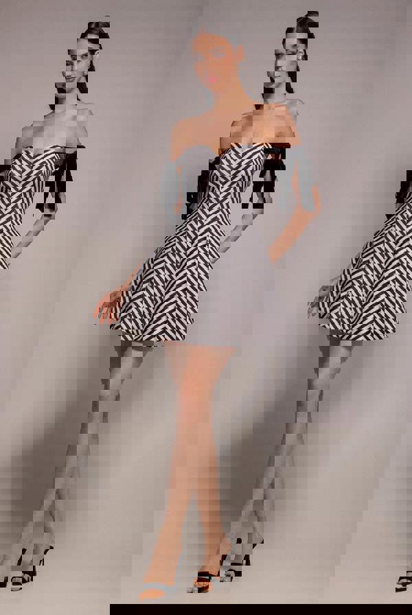 Diagonal Stripe Velvet Bow A Line Mini Dress - Black White DR5098