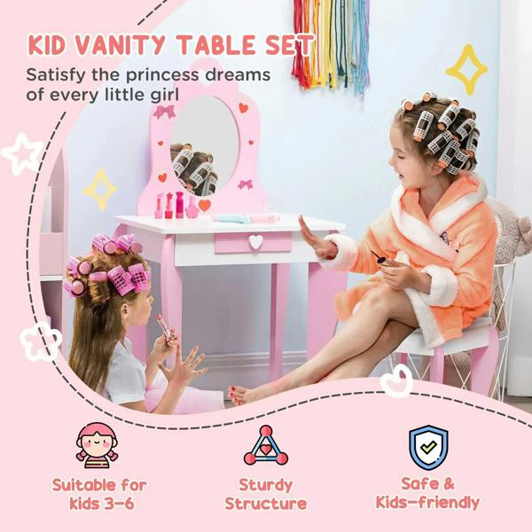 Kids pink vanity table set with heart mirror and heart drawer, stool included