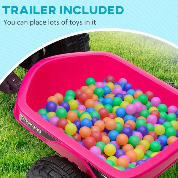 Pink rear trailer filled with multicolor balls attached to a ride-on quad bike