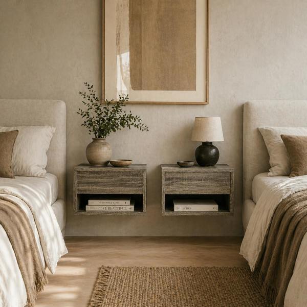 Wyld Haus Rosama Set Of 2 Grey Wood Effect Floating Bedside Tables Wall Mounted 1 Drawer 1 Shelf