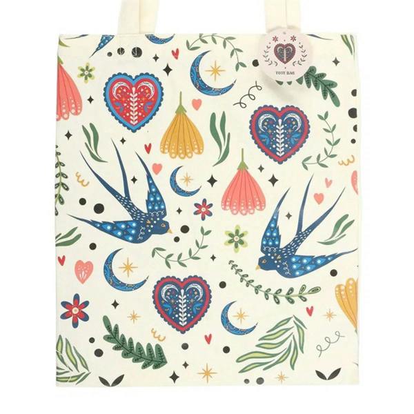 Cream folk print tote bag with large front panel, hearts, birds, moons and lanterns