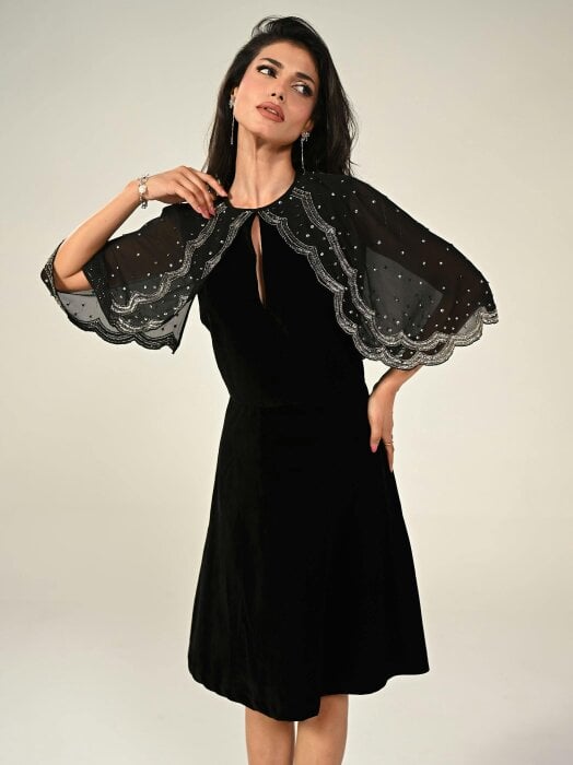Rose & Nancy Heidi Black Velvet Hand Embroidered Cape Mini Dress