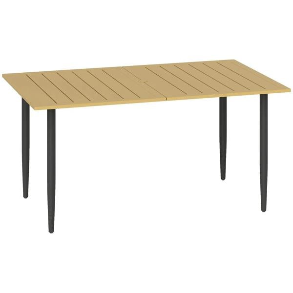 Brown slatted outdoor dining table with steel frame and four legs, rectangular top