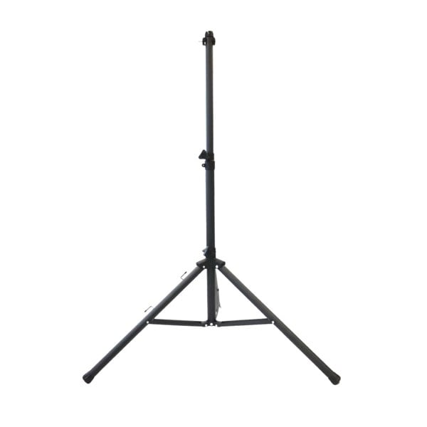 An all black tripod with open legs and full extension on the tripod neck