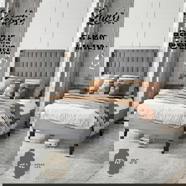 Levede Bed Frame Double King Metal Wood Winger Panel Soft Upholstered Headboard