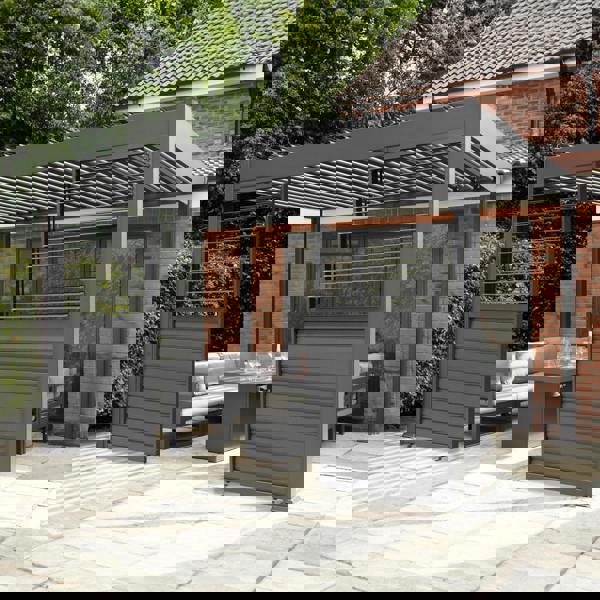 Anthracite aluminum pergola shutter panel, 123cm wide, featuring sleek lines, a modern design, and a textured finish, ideal for outdoor spaces