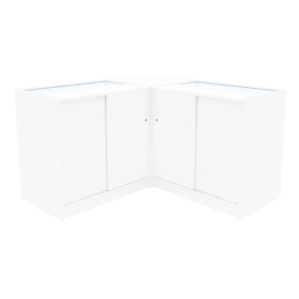 White Demeter LED shop counter set featuring sleek, modern design with glass display tops and spacious storage cabinets